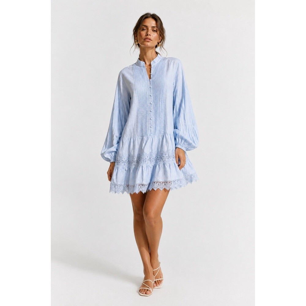 Bardot Antonia Lace Trim Mini Dress Soft Blue Cotton Linen Boho Romantic M NWT